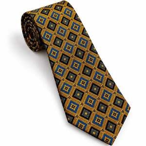 Vintage 1990s Roundtree & Yorke Extra Long Silk Tie Blue Gold Geometric USA